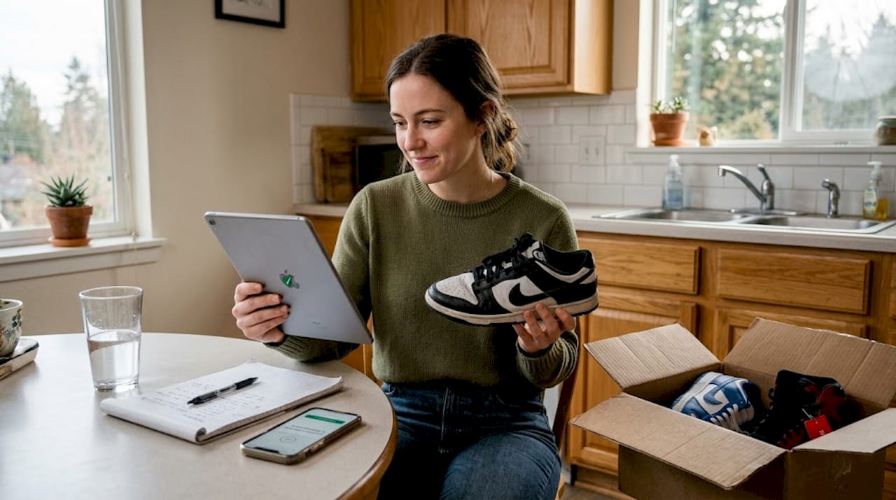 Woman checks sneakers for authenticity at table