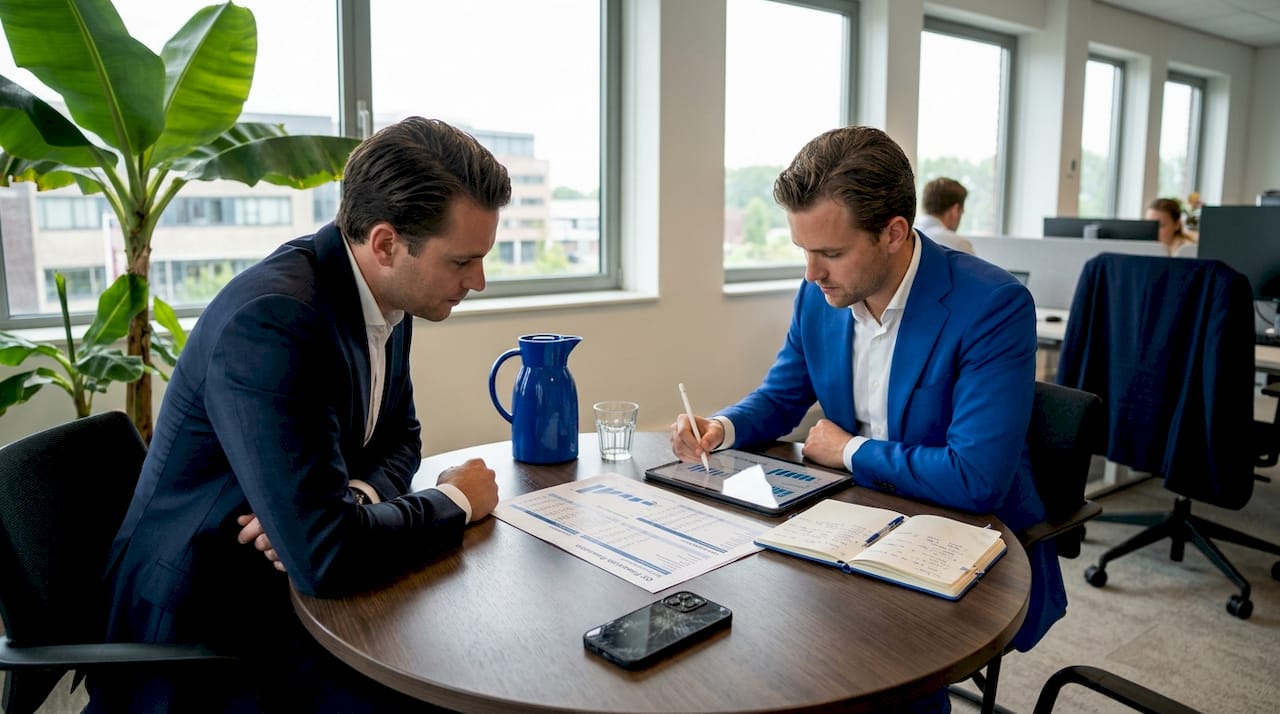 De accountant en de adviseur nemen samen de financiële cijfers door.
