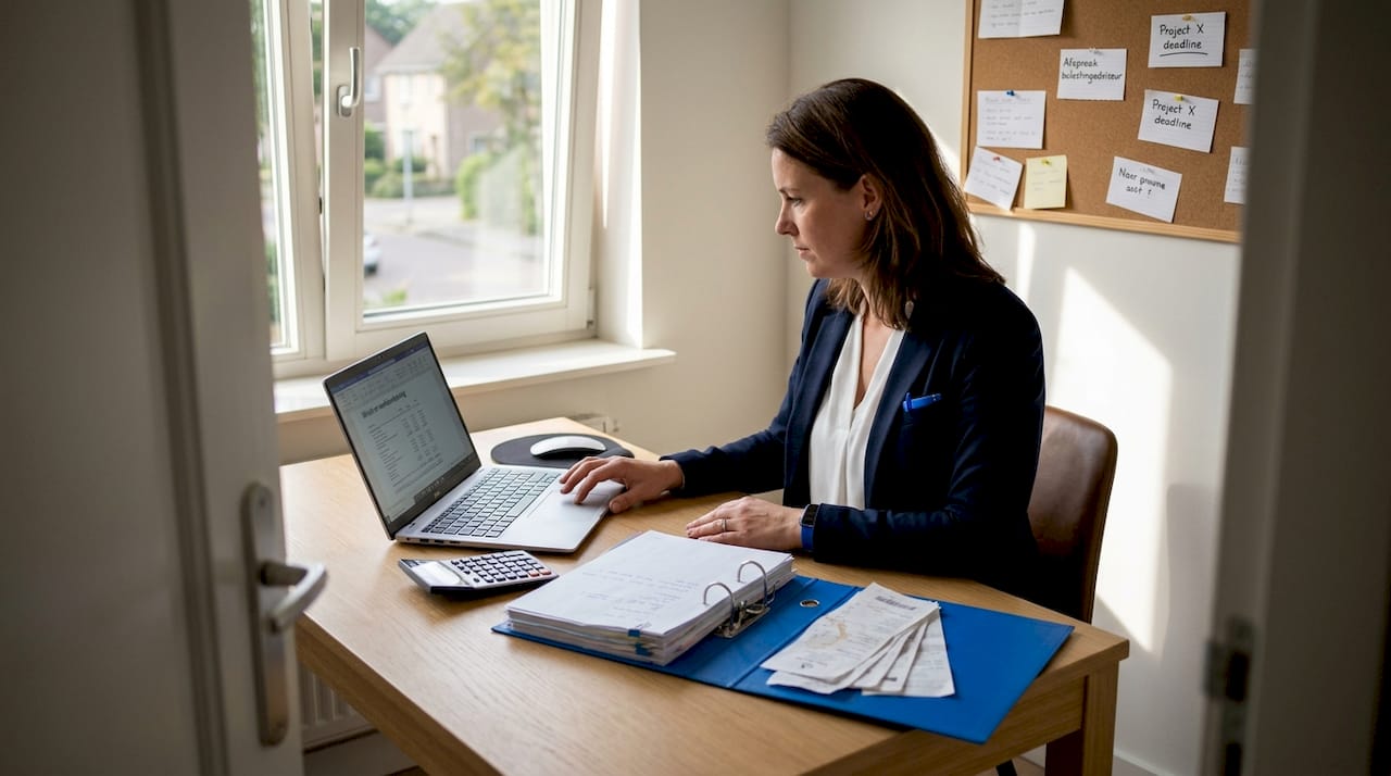 Ondernemer zit aan zijn bureau en analyseert de winstcijfers.