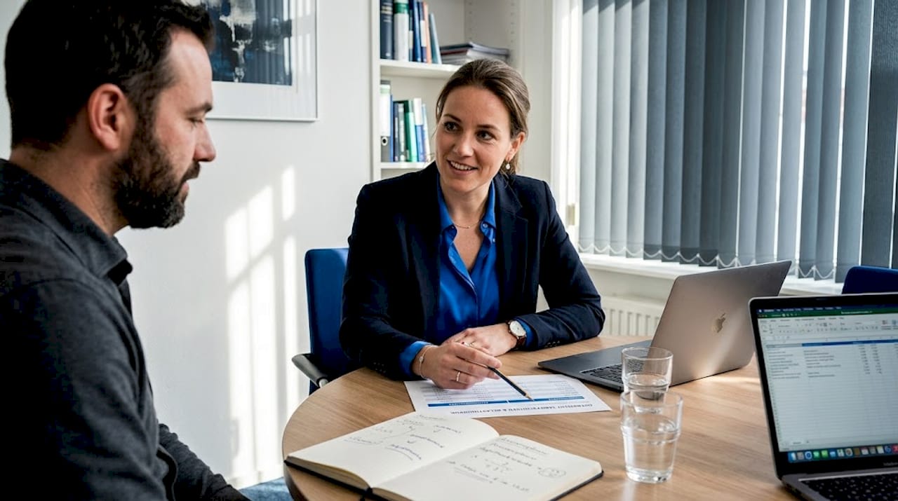 De belastingadviseur legt de verschillende belastingschijven uit aan de klant.