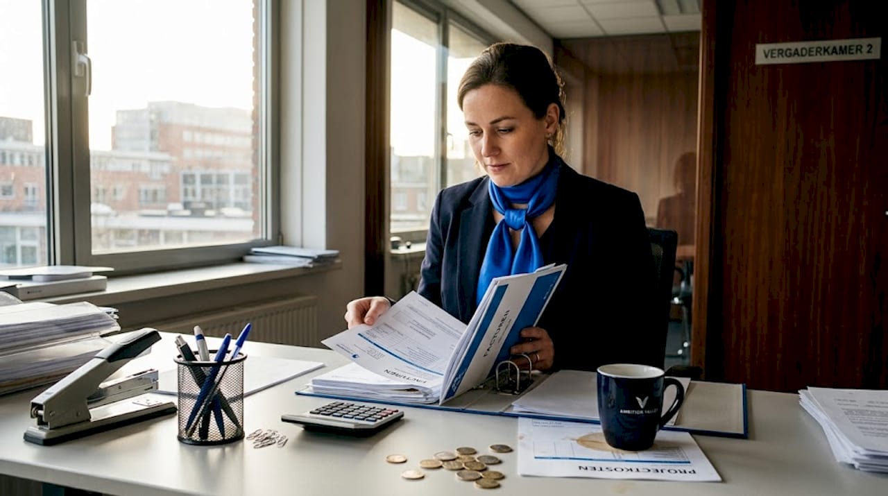 Een financieel adviseur neemt de zakelijke beleggingsdocumenten zorgvuldig door.