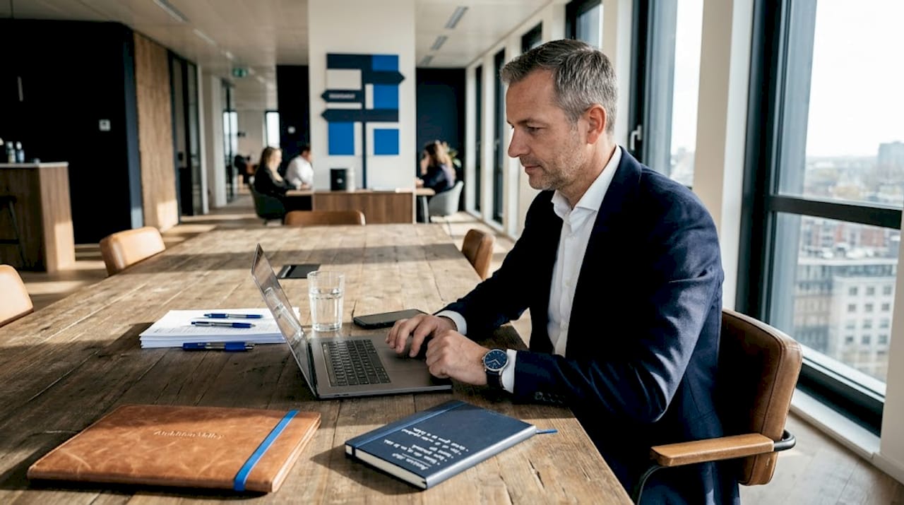 Een ondernemer verdiept zich op kantoor in zijn beleggingsportefeuille.