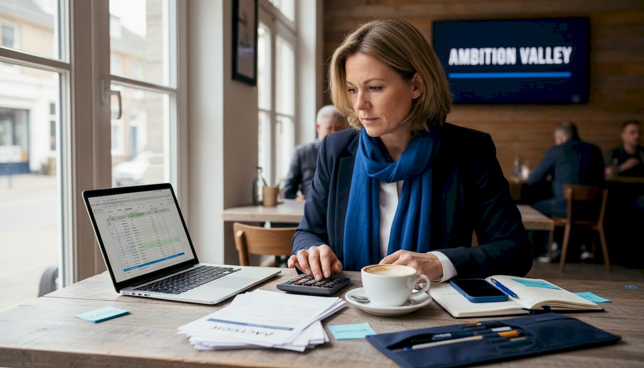 Zelfstandige werkt aan belastingaangifte met laptop in koffietentje