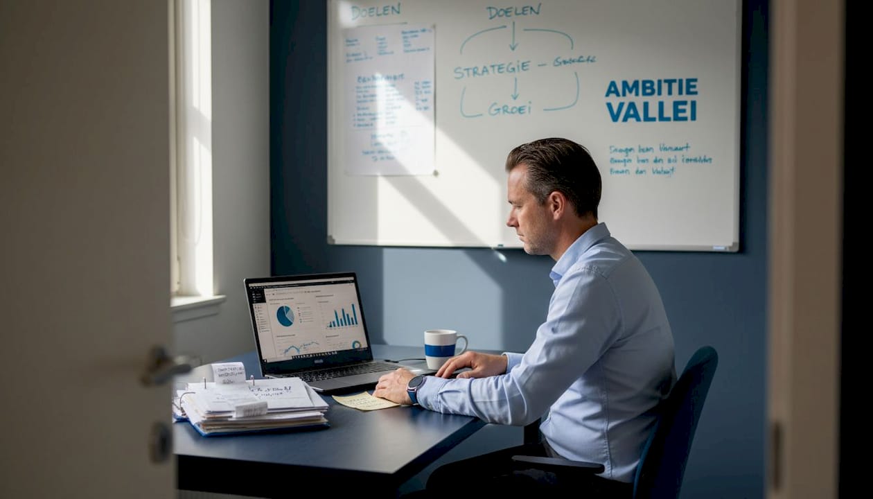 Een ondernemer checkt thuis zijn administratie voor een mogelijke investering.