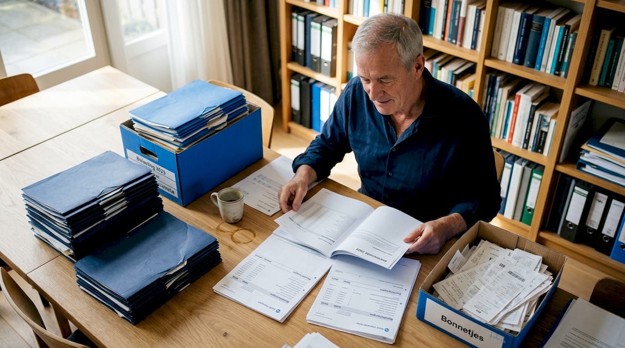 Een man zit aan de eettafel thuis en ordent zijn papieren.