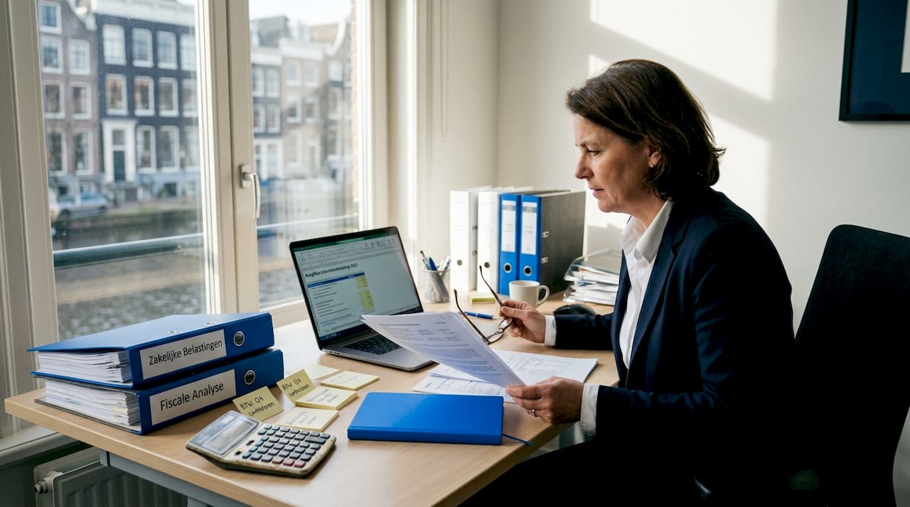 Een fiscalist buigt zich op kantoor over allerlei belastingaangiftes en fiscale rapporten.