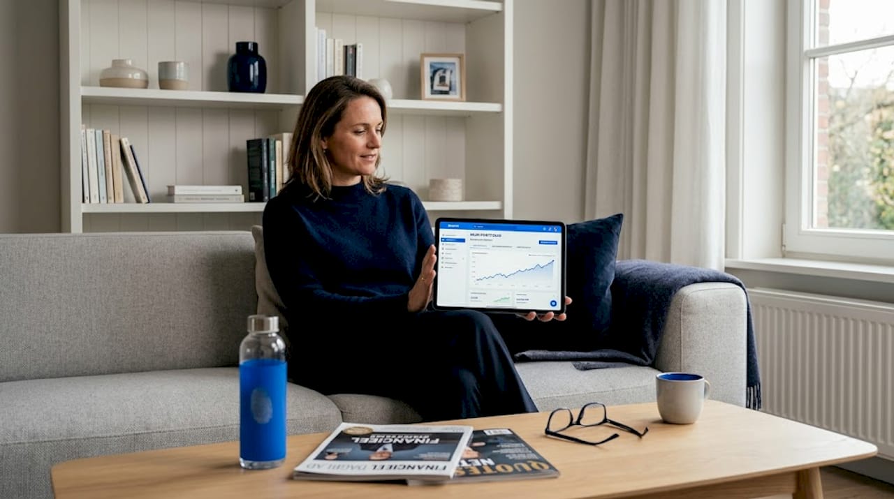 Vrouw die haar beleggingen beheert vanaf de bank met een tablet
