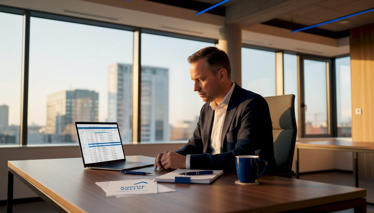 Een man bekijkt een spreadsheet op kantoor.