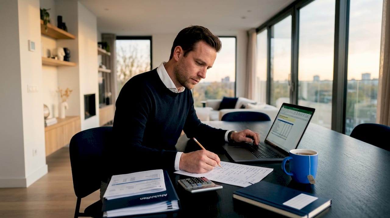 Man zit aan de keukentafel zijn belastingaangifte uit te rekenen