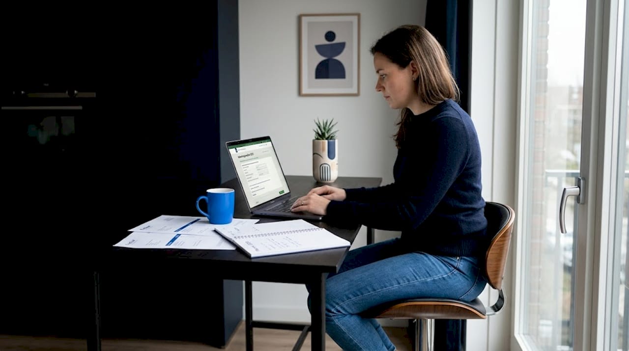 Een ondernemer zit achter zijn keukentafel en werkt zijn administratie bij.