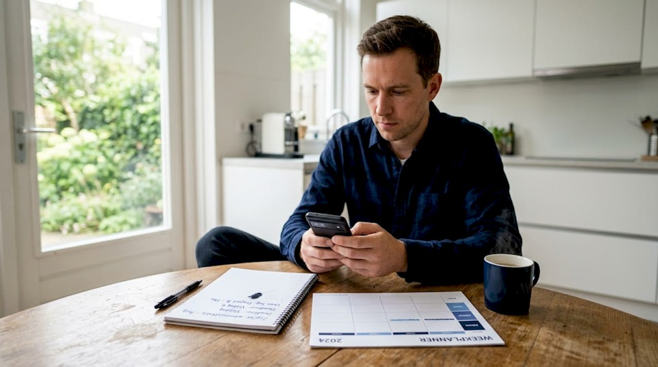 Zelfstandig ondernemer houdt zijn uren bij aan de keukentafel.