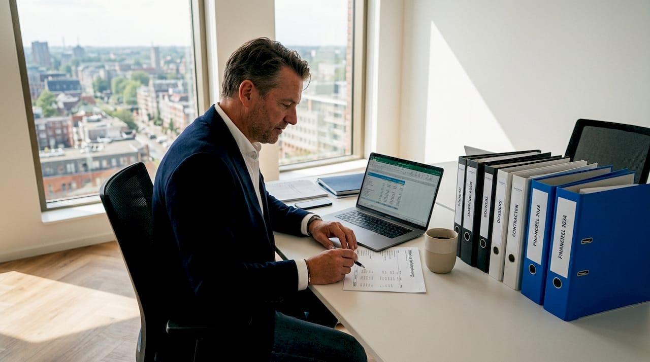 De directeur-grootaandeelhouder bekijkt het balansoverzicht in zijn ruime kantoor.