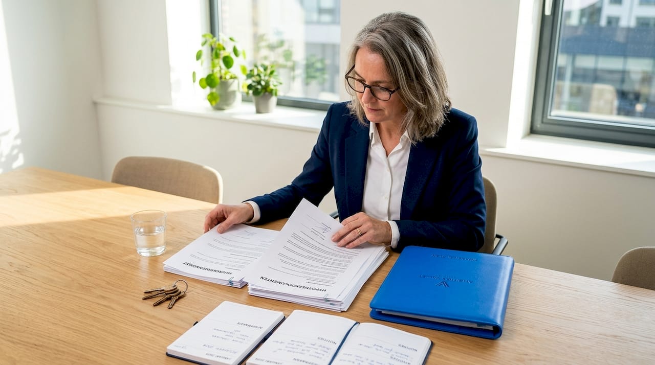 Een vrouw bekijkt zorgvuldig de papieren voor de huur van haar nieuwe woning.