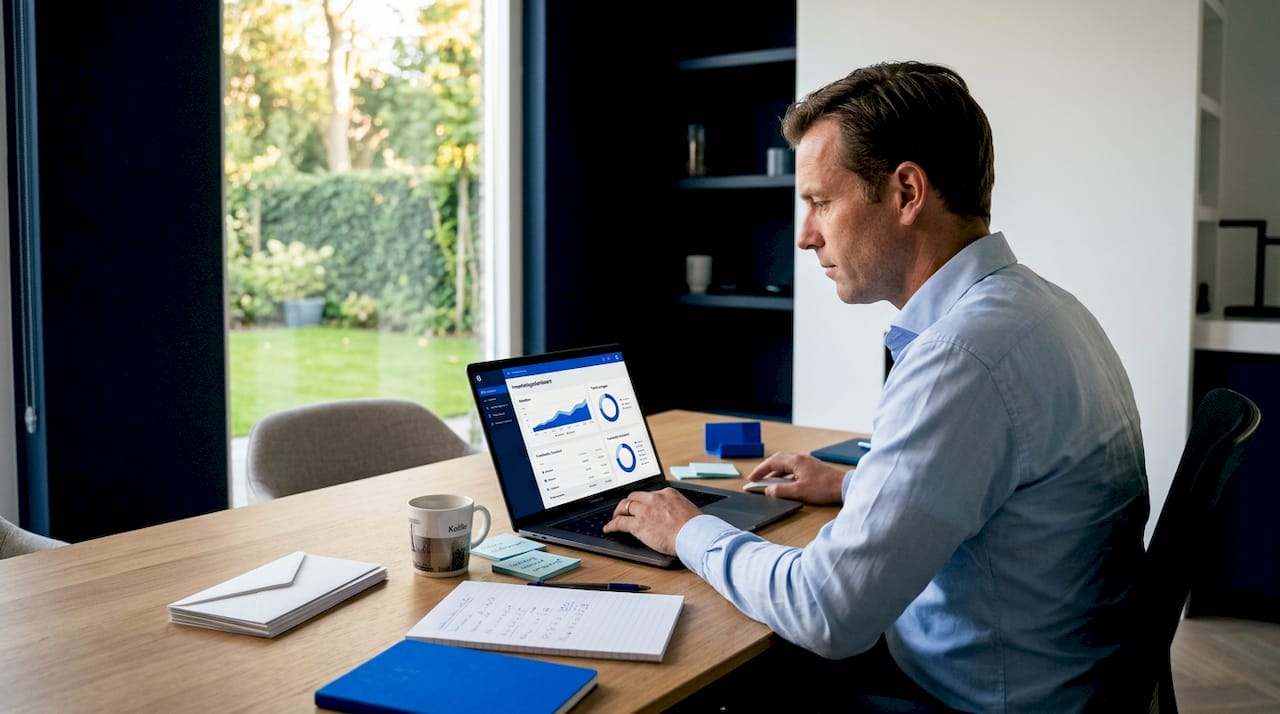 Nederlandse particuliere belegger bekijkt aandelenkoersen aan zijn bureau thuis.