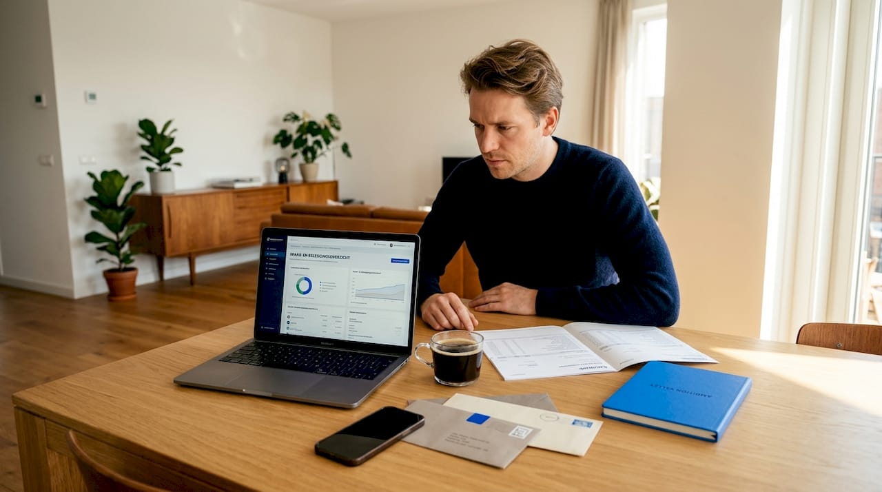 Thuis neemt een man rustig de tijd om zijn spaarrekening en beleggingen door te nemen.