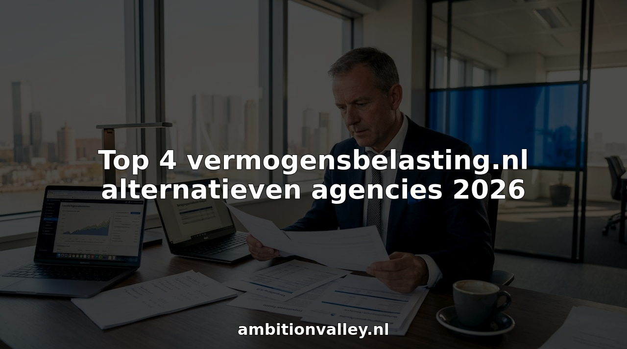 In een druk kantoor vergelijkt een financieel adviseur verschillende bureaus met elkaar.