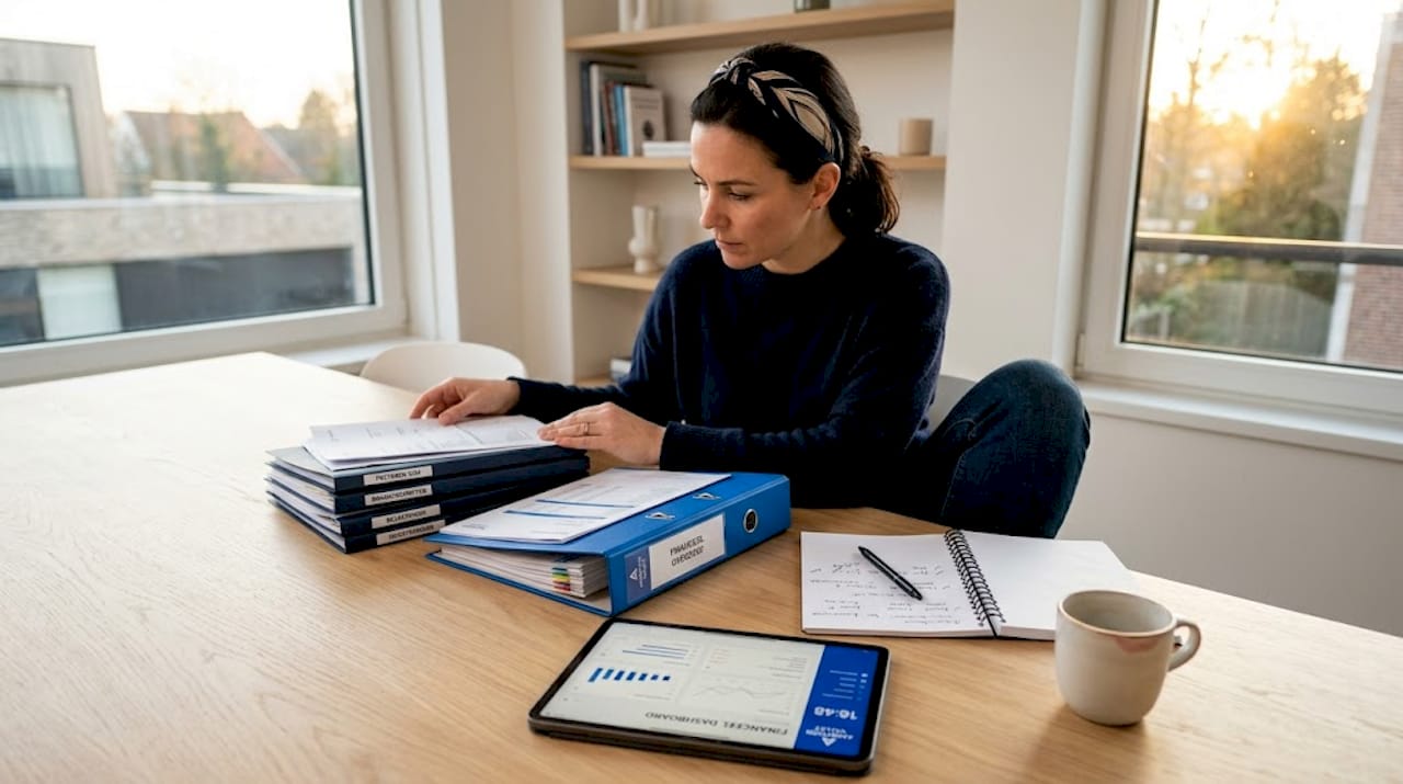 Een ondernemer die zijn zakelijke en privé financiën op orde brengt.