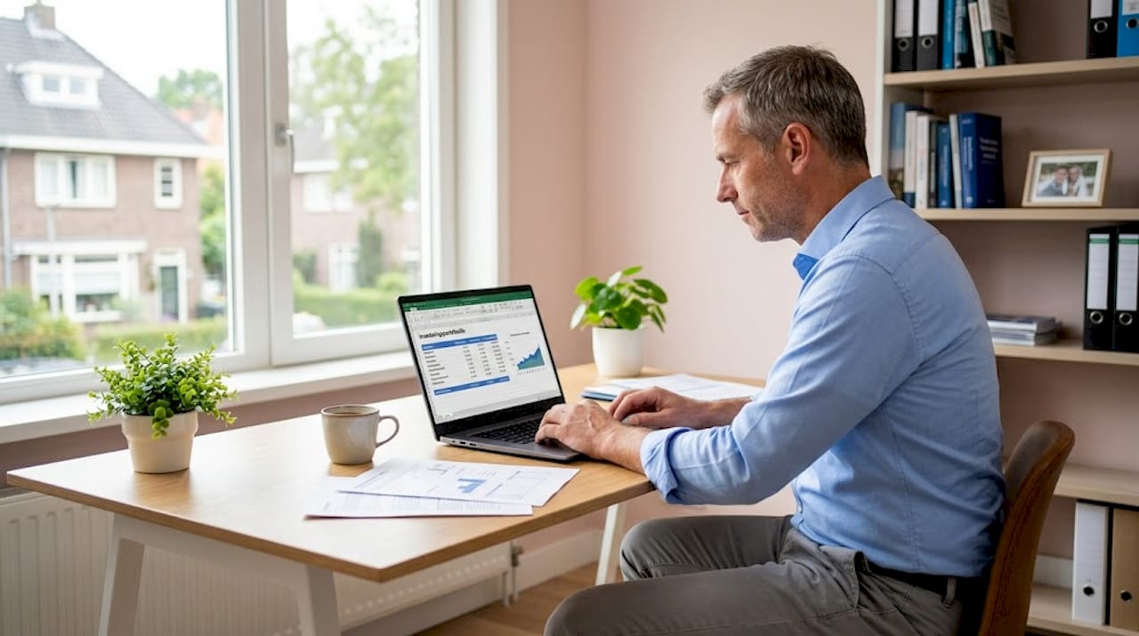 Een zzp’er die aan zijn bureau thuis verschillende investeringen onder de loep neemt.