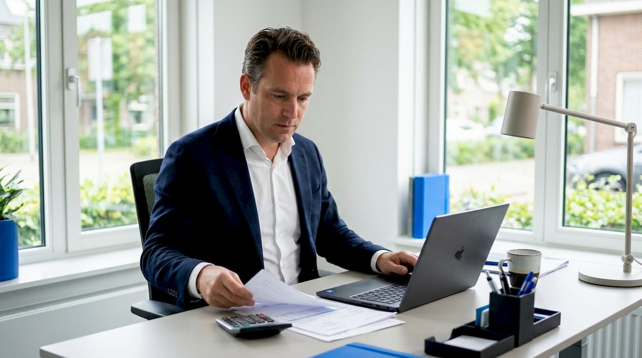 Een ondernemer zit aan zijn bureau stapels belastingpapieren te ordenen.