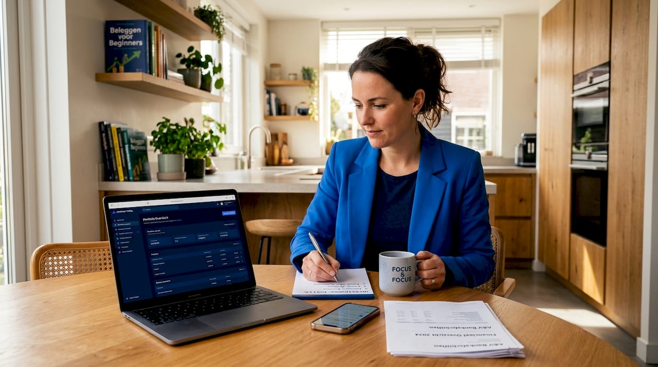 Een vrouw werkt aan haar investeringsplan, terwijl ze aan de keukentafel zit thuis.