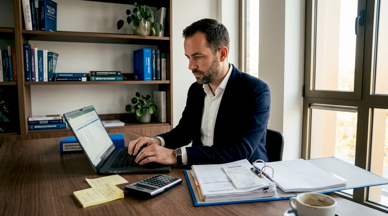 Een ondernemer is bezig met zijn laptop terwijl hij zijn papieren administratie bij de hand heeft.