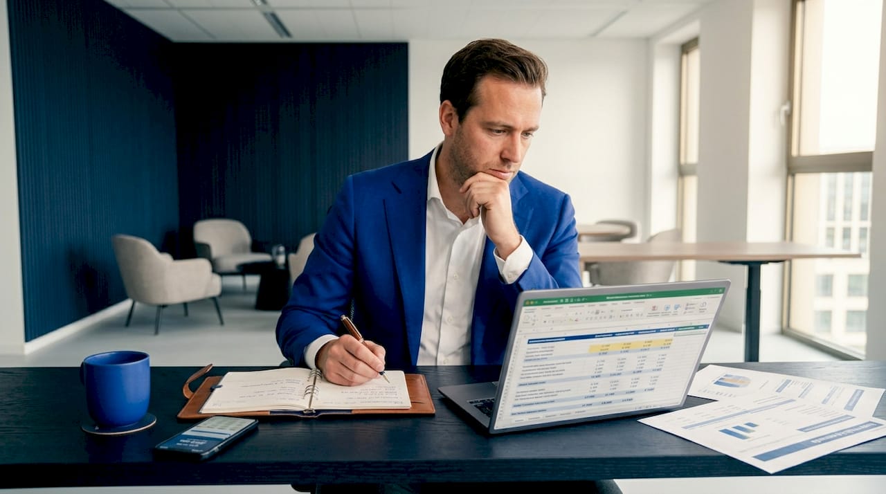 Een ondernemer verdiept zich aan zijn bureau in de financiële administratie.