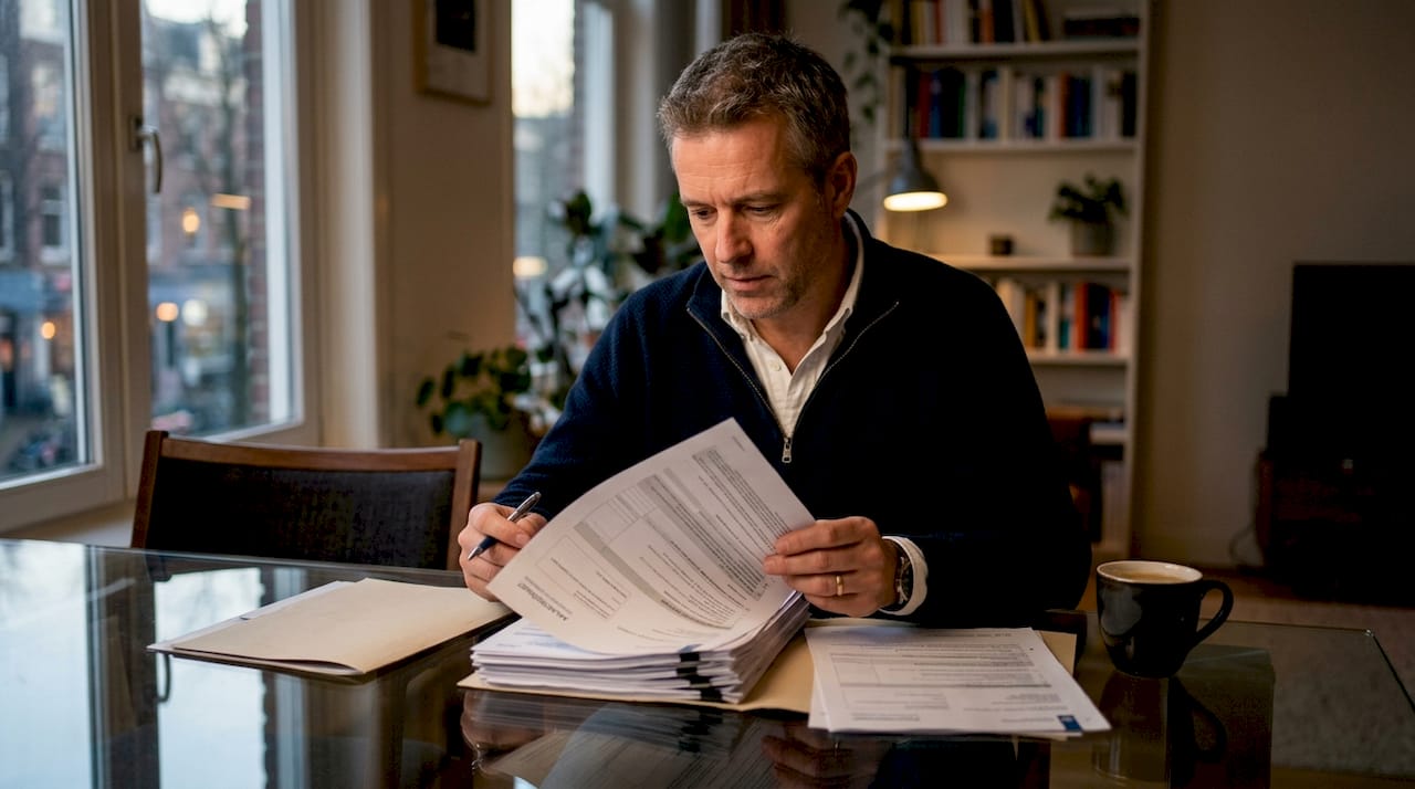 Zzp’er buigt zich aan de keukentafel over zijn belastingpapieren
