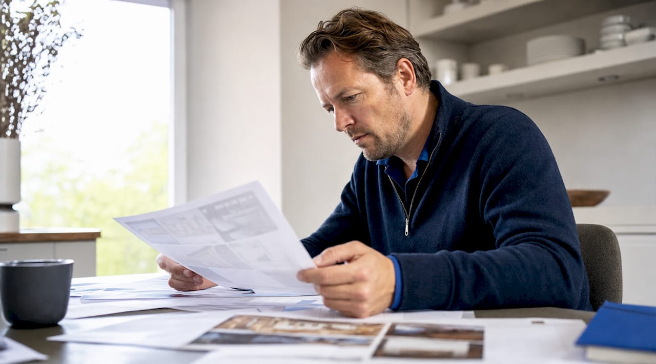 Man zit aan de eettafel thuis rustig zijn vastgoedpapieren door te nemen.