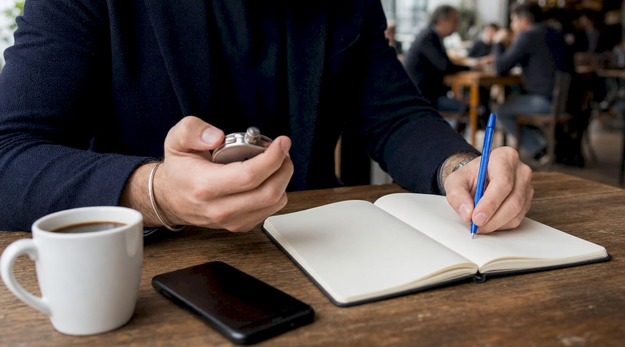 Handen noteren gewerkte uren in een agenda voor belastingaftrek.