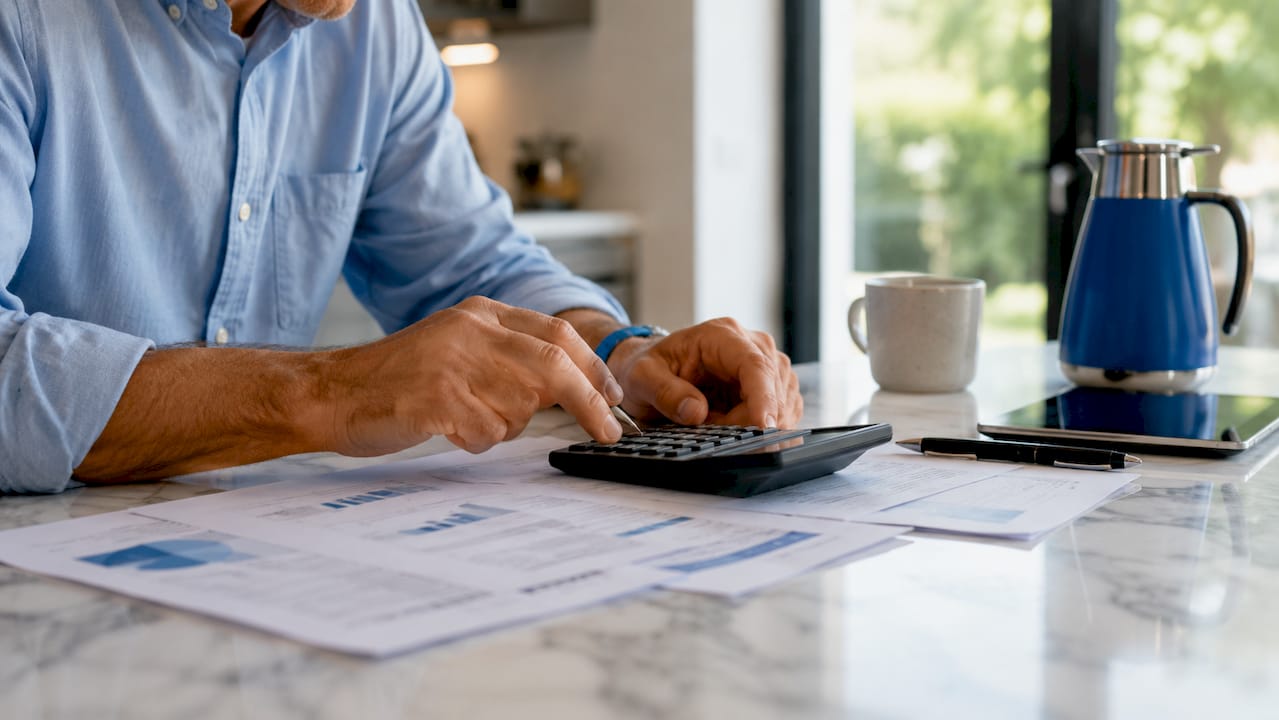 Een paar handen bezig met rekenmachine en financiële papieren