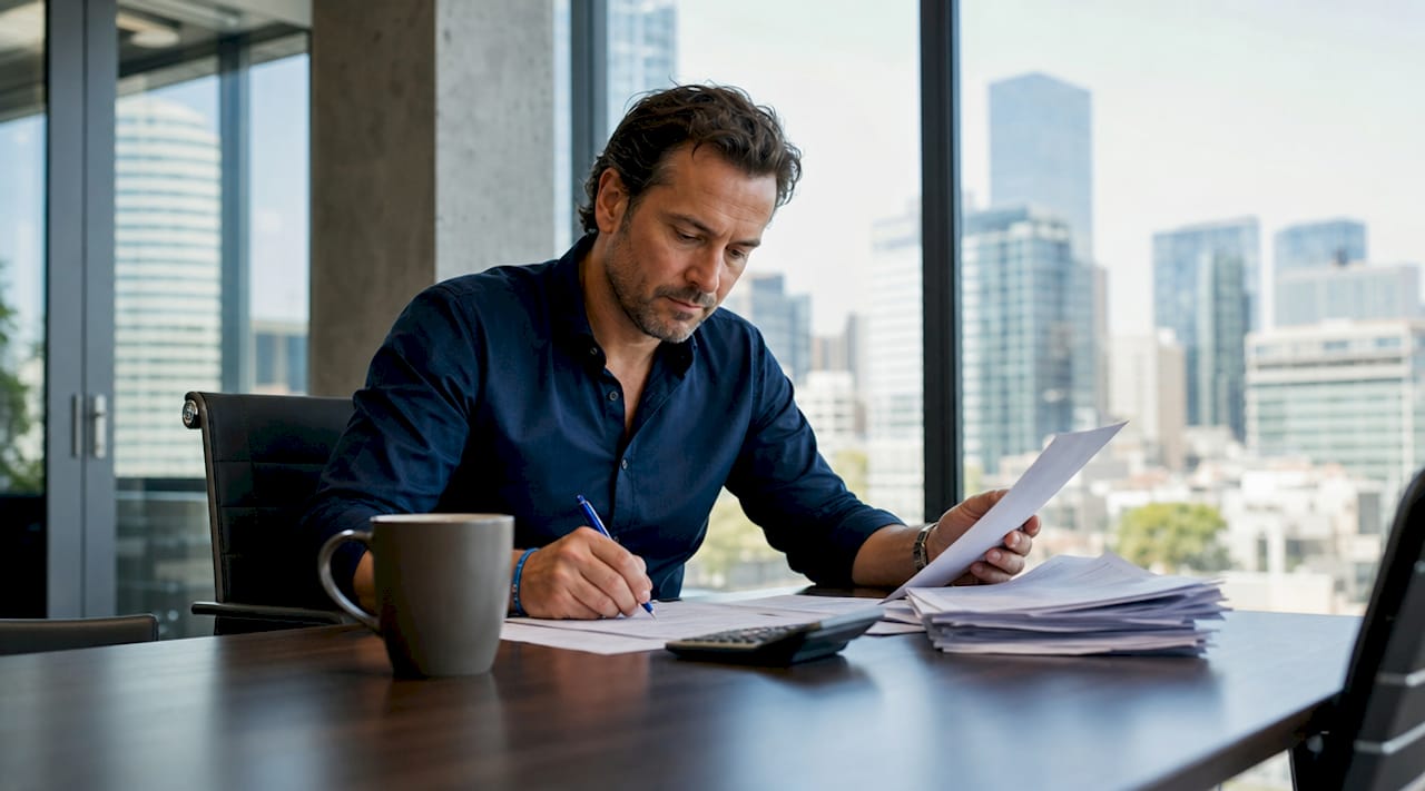 Een ondernemer verdiept zich aan zijn bureau in de fiscale voordelen en bijbehorende documenten.