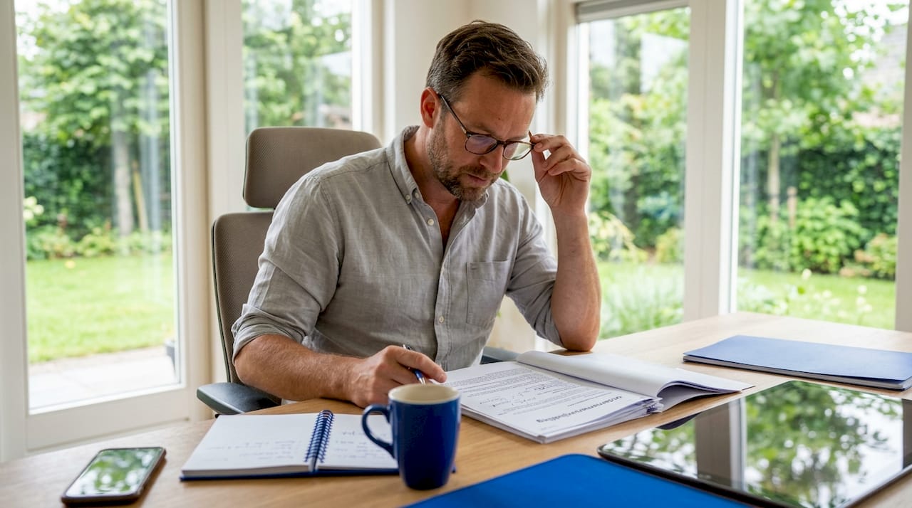Zelfstandig ondernemer loopt thuis zijn belastingpapieren na