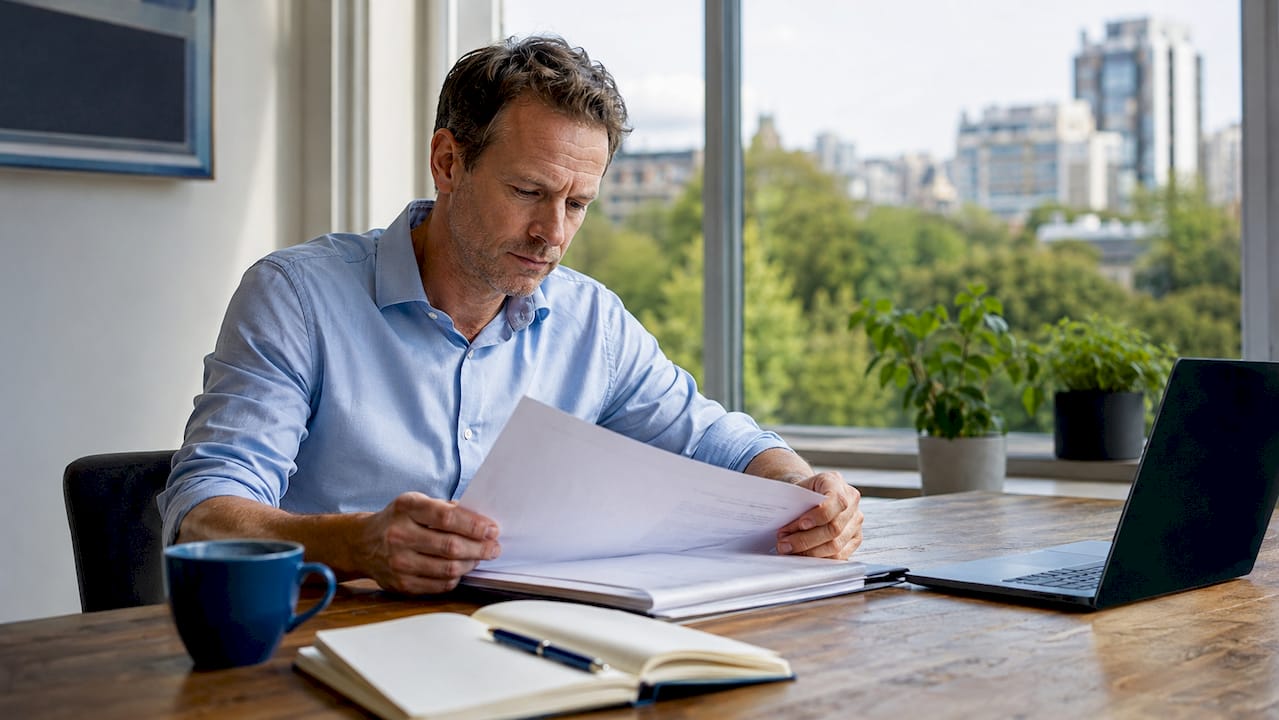 Een man verdiept zich op kantoor in documenten over de structuur van een BV.