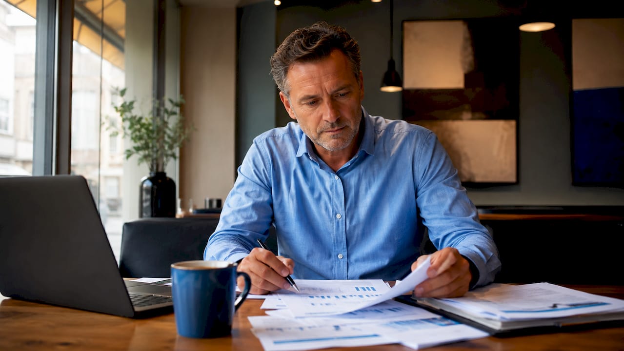 Een ondernemer buigt zich op kantoor over zijn pensioenplanning.