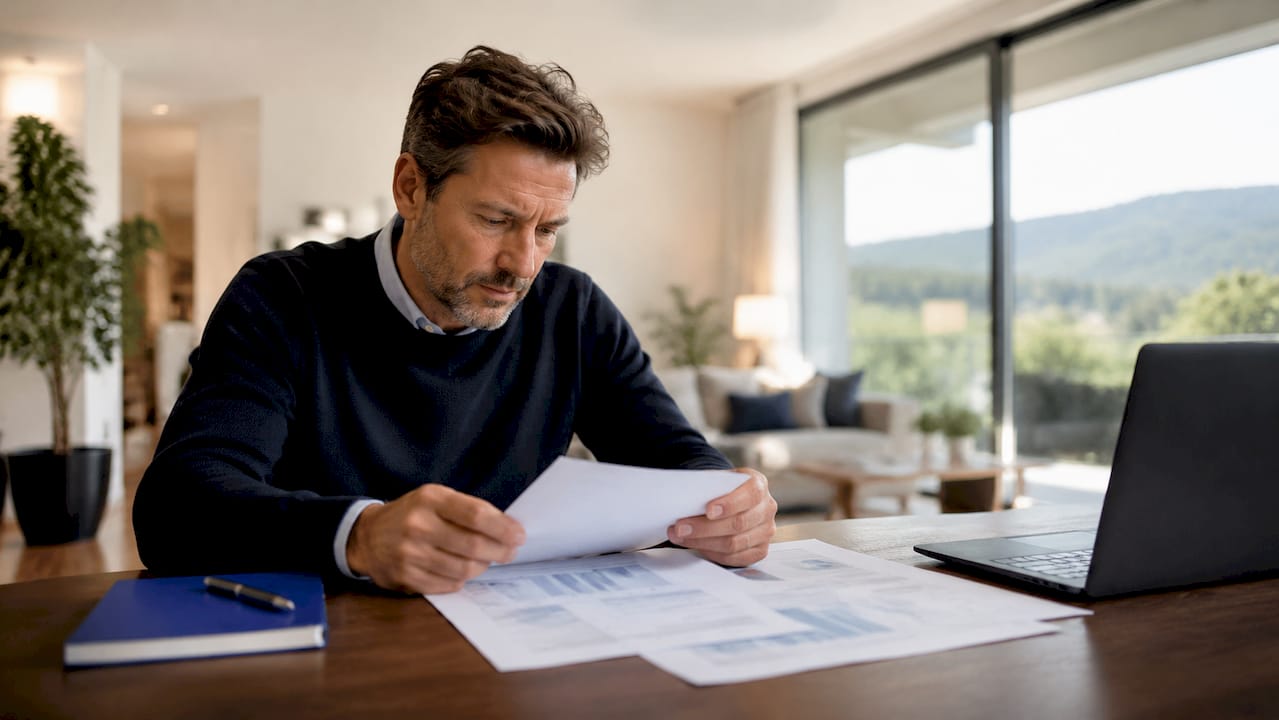 Man werkt vanuit huis en bekijkt zijn aandelenrapporten op kantoor aan de eettafel.