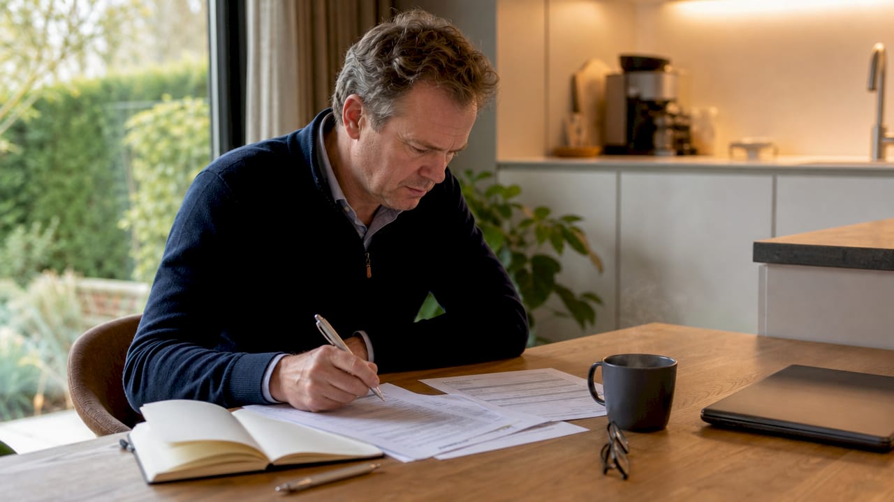 Man zit aan zijn bureau zijn belastingaangifte voor box 3 in te vullen.