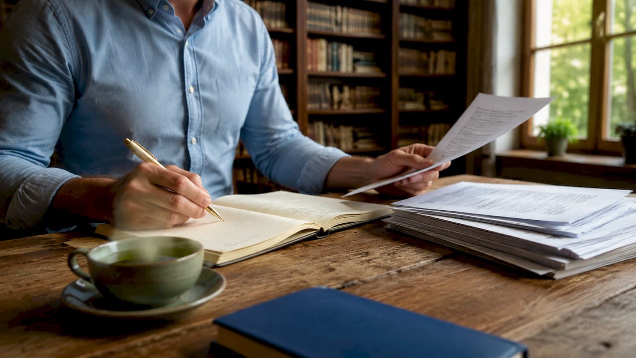 Man noteert de belangrijkste fiscale voordelen in zijn notitieboek.