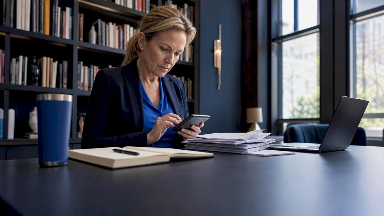Een vrouw bekijkt haar belastingpapieren aan de keukentafel.