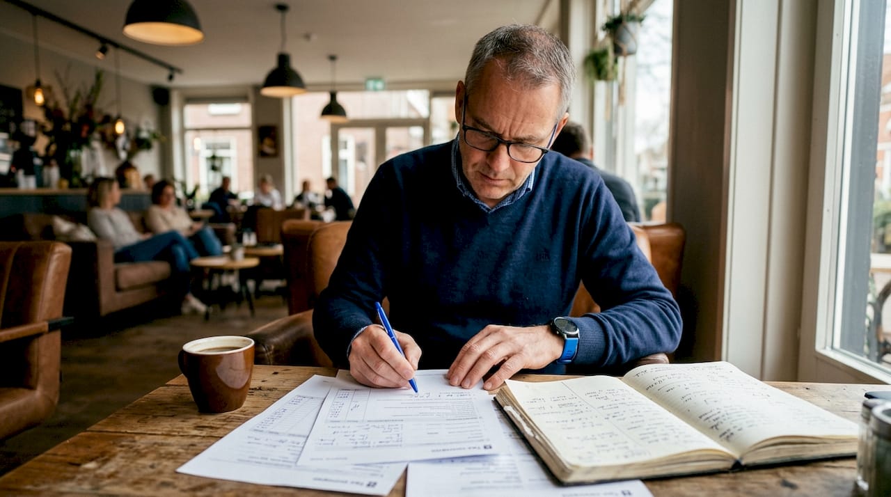 Een man bekijkt zijn belastingpapieren aan de eettafel in zijn thuiskantoor.