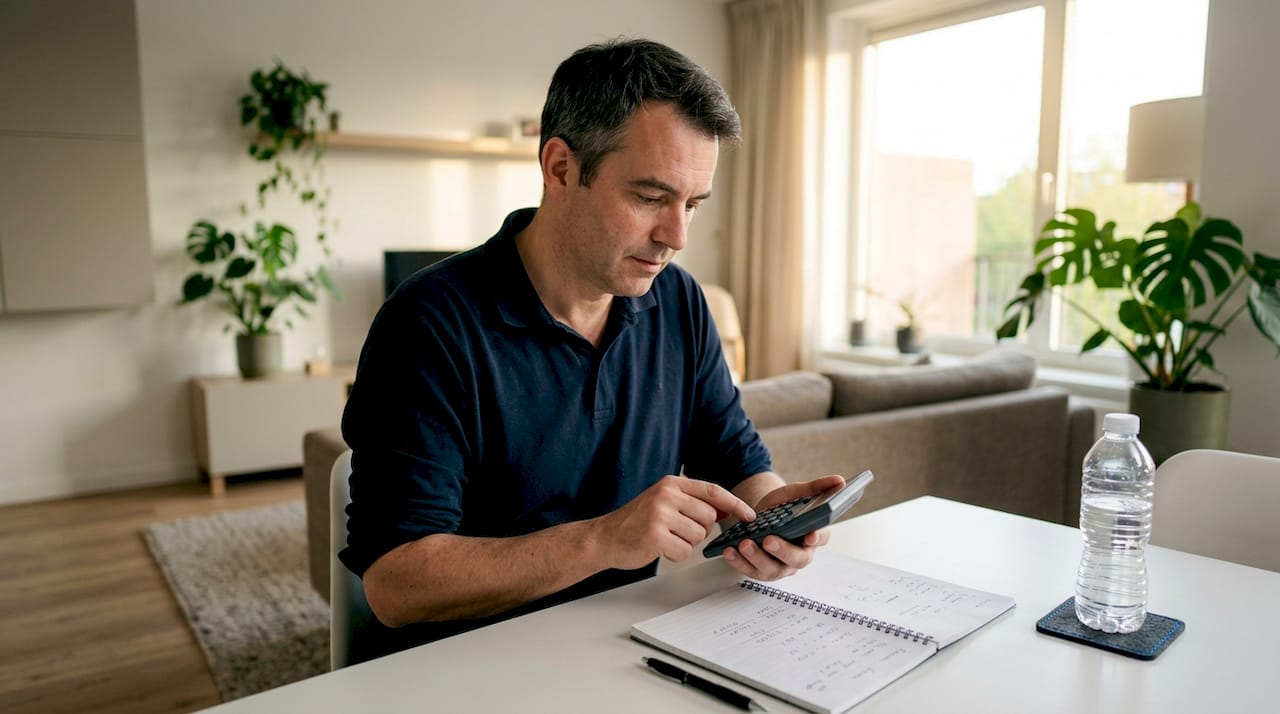 Man bekijkt en rekent thuis zijn beleggingsrendementen uit op zijn thuiskantoor.