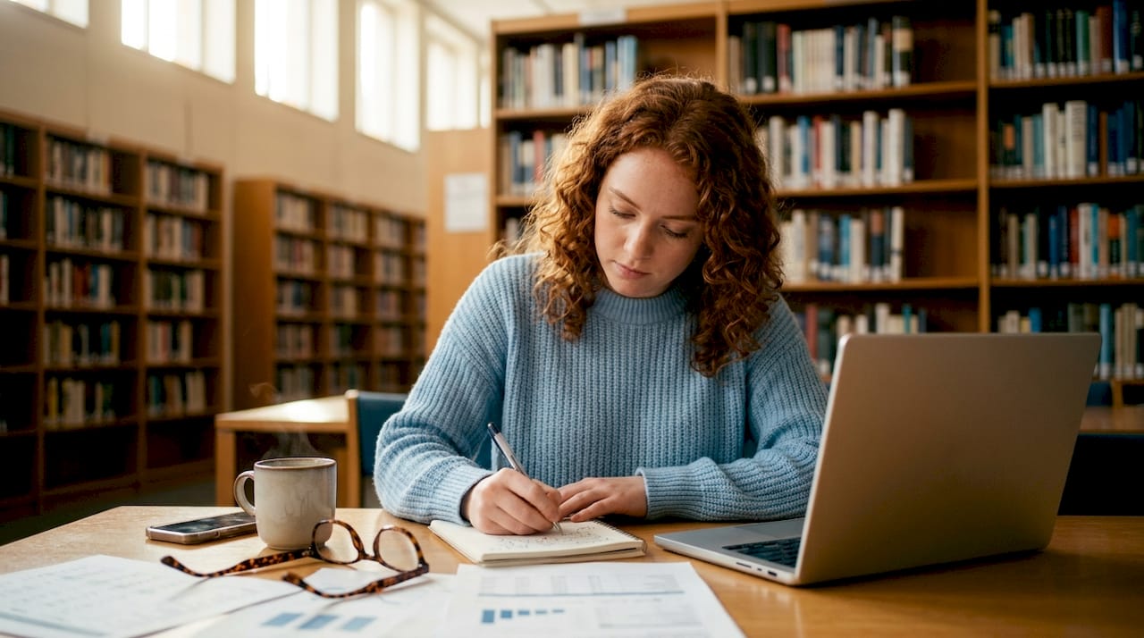 Een vrouw maakt aantekeningen over haar dividendinkomsten terwijl ze werkt in een gezellige coworkingruimte.