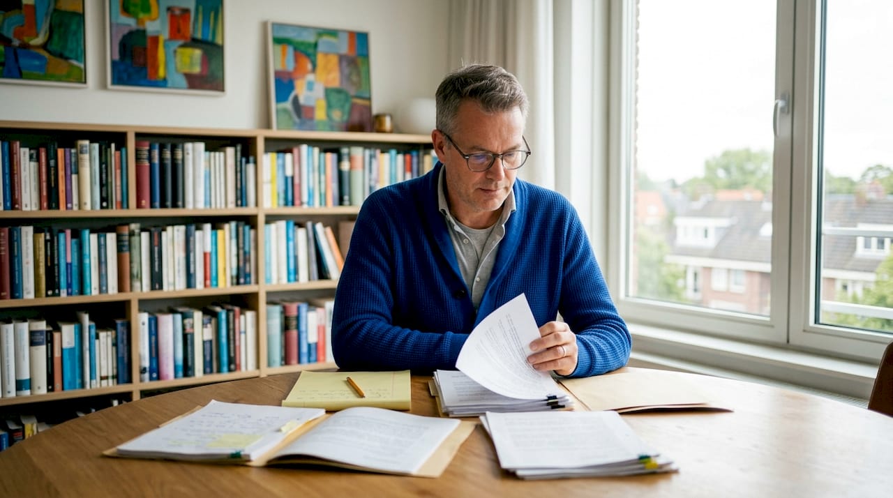 Man aan zijn bureau verdiept in documenten over zijn nalatenschap