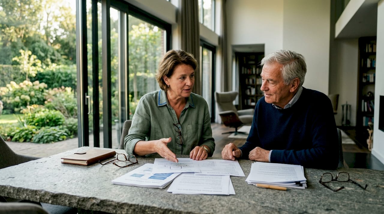 Een stel zit samen aan de keukentafel en bespreekt hun plannen voor het opstellen van een testament en de verdeling van hun erfenis.