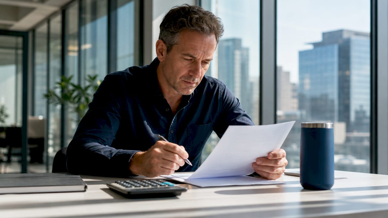 Een man zit aan zijn bureau en rekent uit hoeveel belasting hij moet betalen.