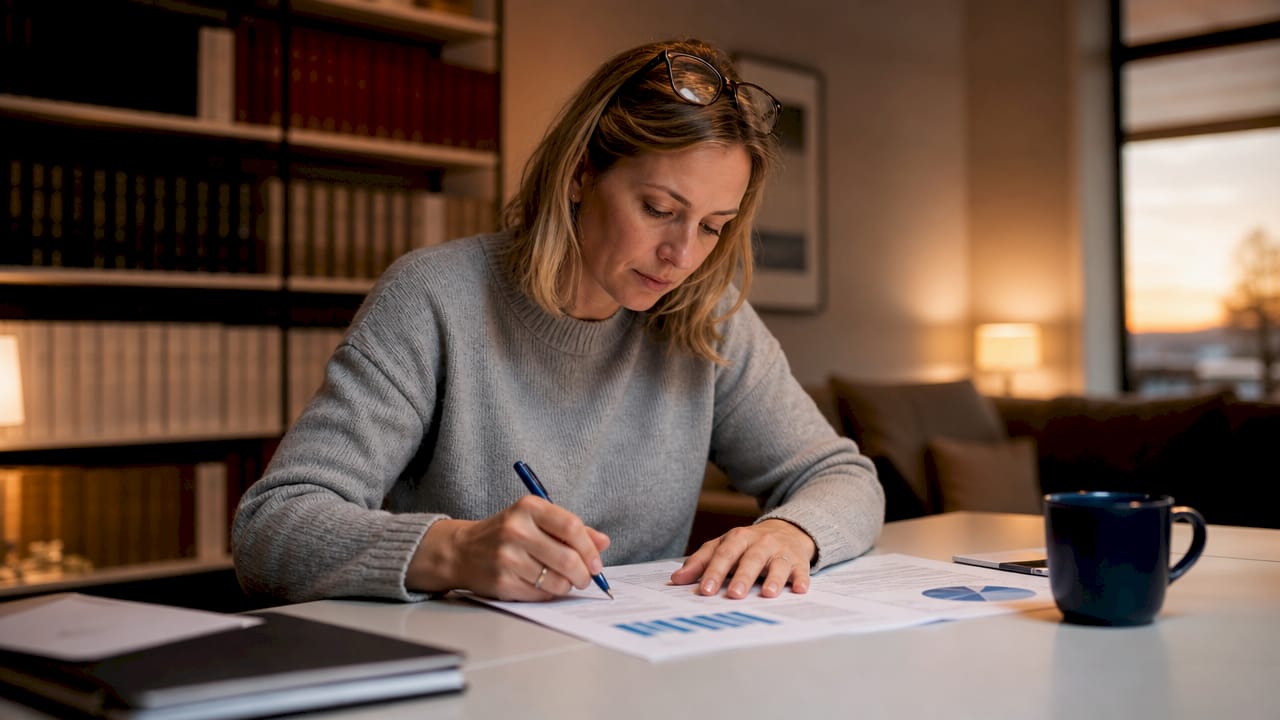 Een vrouw zit aan haar bureau verdiept in haar belastingpapieren.
