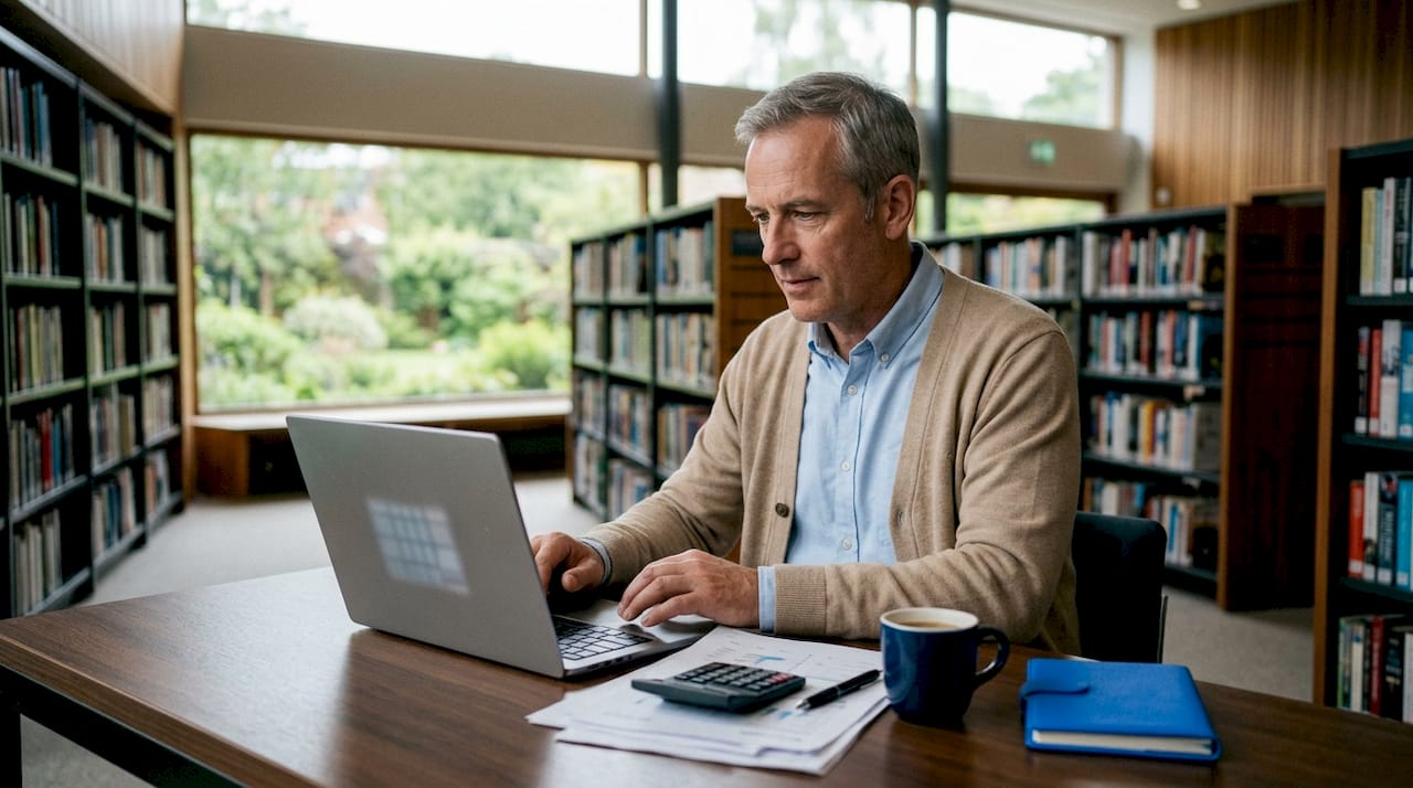 Een man verdiept zich achter zijn bureau in financiële papieren.
