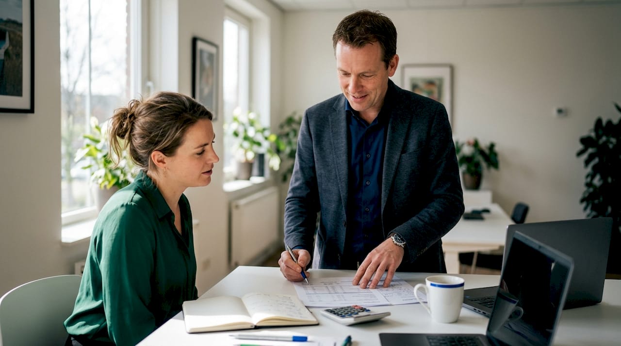 Een fiscalist geeft een ondernemer advies tijdens een gesprek aan de vergadertafel.