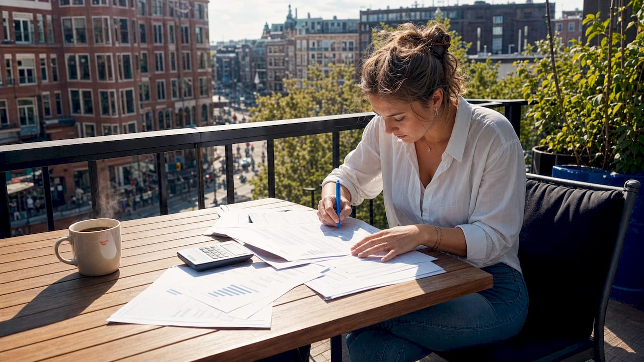 Een vrouw zit aan de keukentafel haar spaargeld en beleggingen te plannen.
