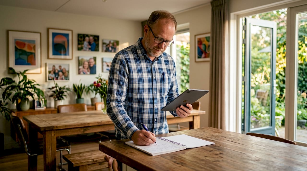 Een man zit thuis aan zijn bureau en denkt na over zijn financiële doelen voor het komende jaar.