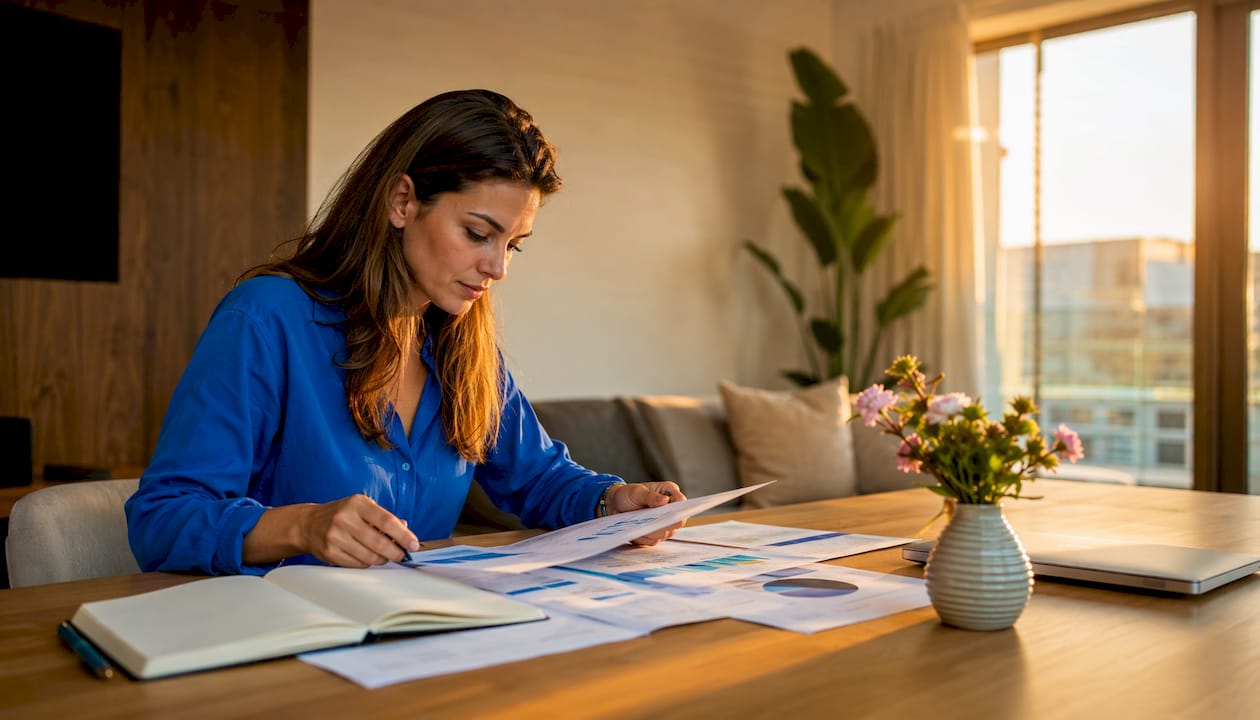 Thuis werkt een vrouw aan haar plan om vermogen op te bouwen